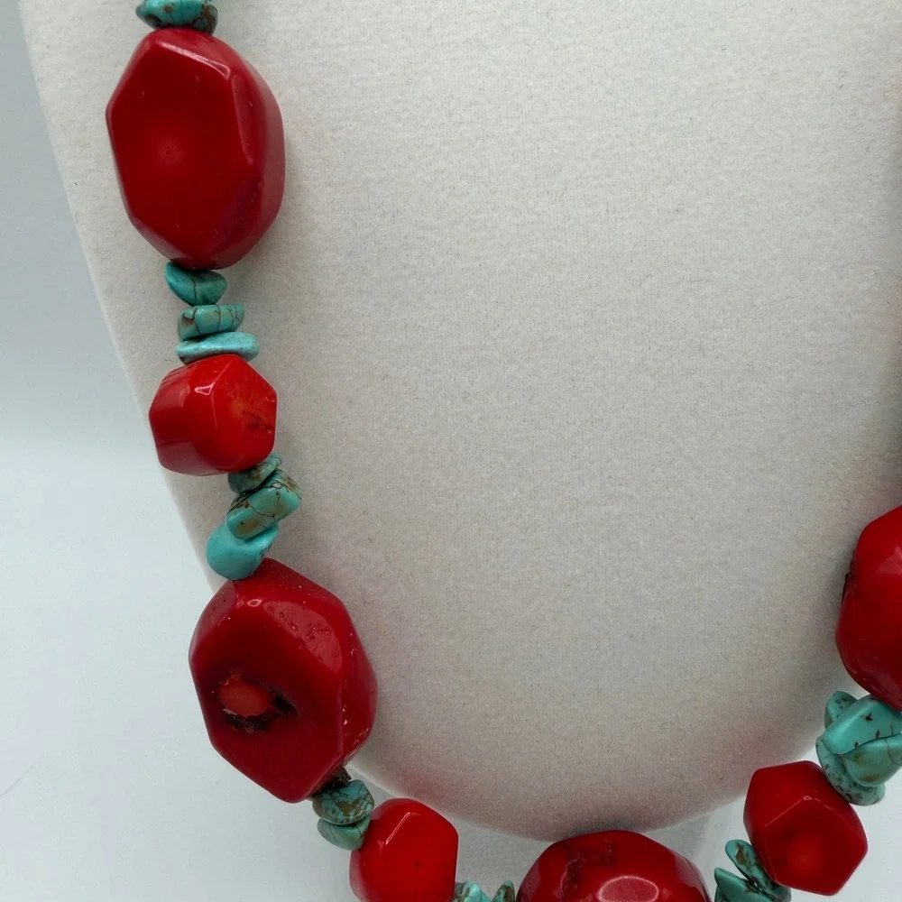 Chunky Red Sponge Coral and Turquoise Nugget Statement Necklace Silver Tone
